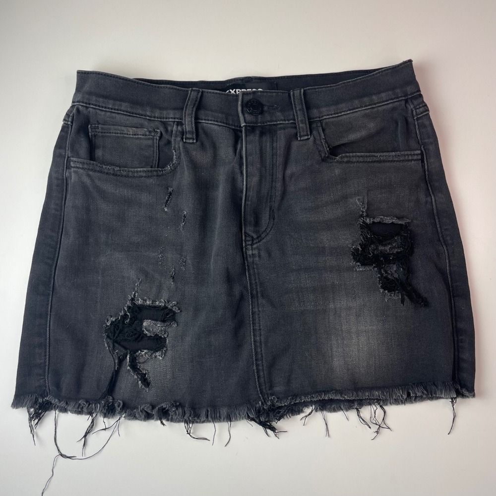 Express‎ Black Distressed Denim Mini Skirt Raw Hem Frayed Size 4 ID 5735